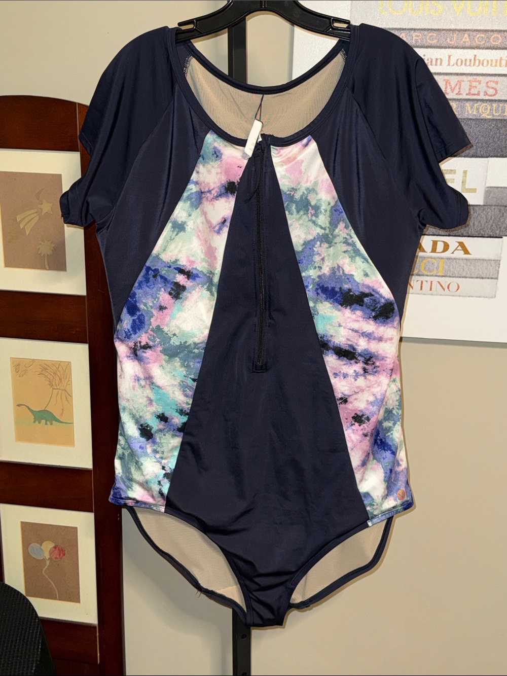 Livi Active Navy One-Piece zip up Swimsuit with Pastel Watercolor Panels